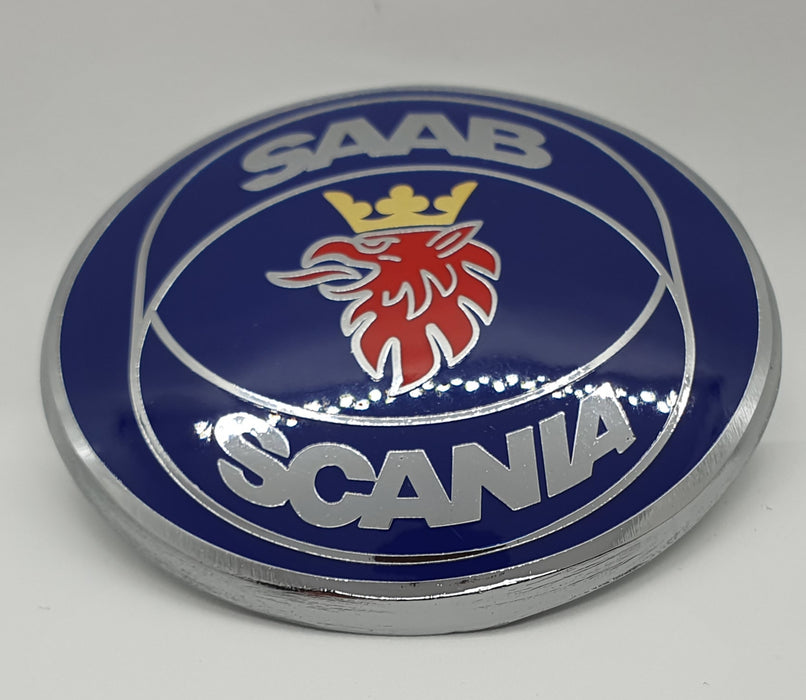 Saab Bonnet Badge 'SAAB Scania' Injection alloy/hard enamel New and improved. UV protective epoxy coating.